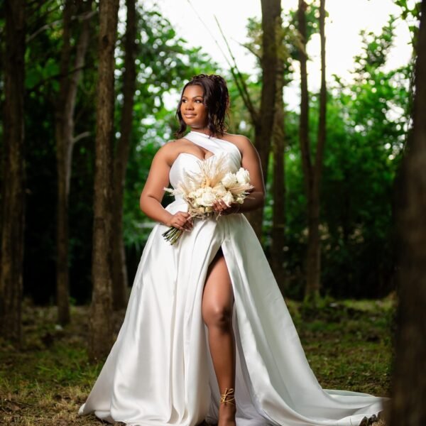 White mermaid wedding dress with floral lace and front slit - Rebirth Couture Collection.