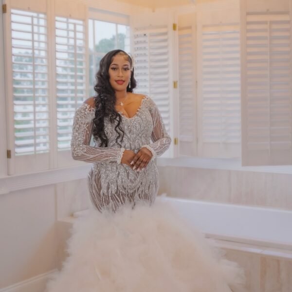Custom long-sleeve mermaid wedding dress with cathedral length veil - Rebirth Couture Bridal.