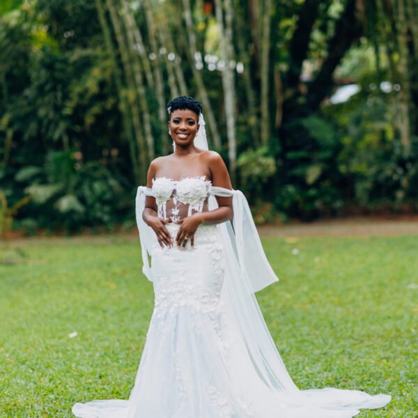 Luxury high-neck ball gown wedding dress with 3D floral appliques - Rebirth Couture Bridal.