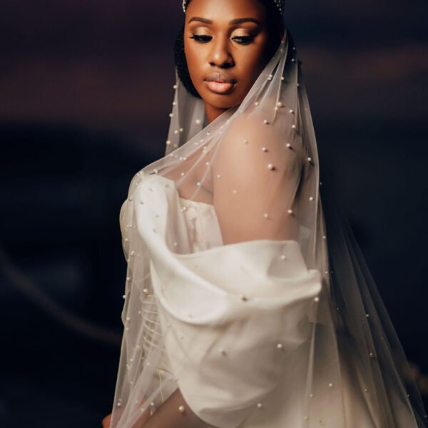 Luxury pearl veil with puff sleeve wedding dress - Rebirth Couture