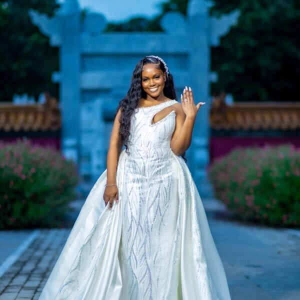 Bespoke one-shoulder wedding dress with silver embroidery - Rebirth Couture.