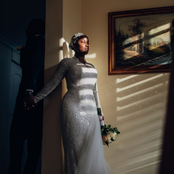 Luxury silver sequin bridal gown for modern brides - Custom Renea Brown Design.